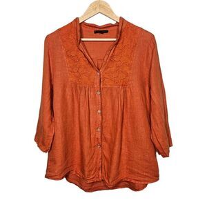 ROMEO GIULIA 100% Linen Top Lagenlook Button Down VNeck 3/4 Sleeve Orange Medium